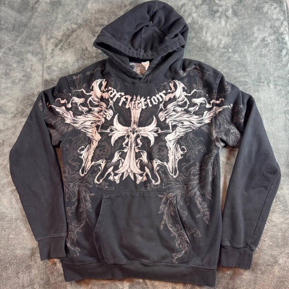 Affliction Mens Graphic Large Hoodie Black Cross Fleur De Lis Y2K Grunge MMA